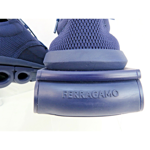 NIB FERRAGAMO DARK BLUE NIMA MESH LEATHER LOGO LOW SNEAKERS US 9.5 42.5 ITALY
